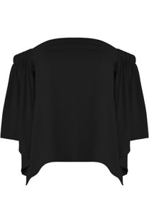 Off The Shoulder Open Back Chiffon Blouse In Black 