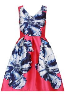 Fuchsia Contrast Floral Print Asymmetric Prom Dress