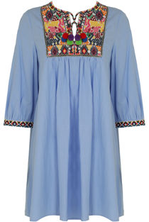 Blue Embroidery Fringed Shift Dress