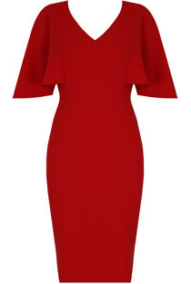 Wing Sleeve Back Slit Midi Dress in Red