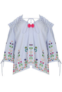 Blue Striped Front Tie Up Off Shoulder Tops