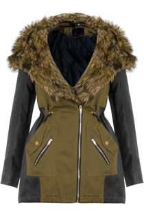 Khaki Green PVC Side Panels Fur Hood Parka