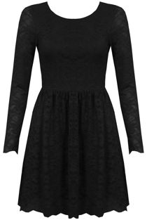 Black Lace Backless Long Sleeved Flared Dress