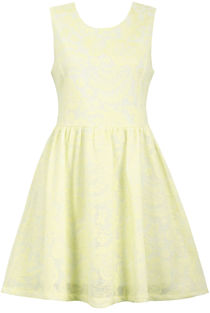 Yellow Floral Textured Back Zip Up Flared Dress 