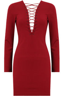 Wine Lace Up Plunge Long Sleeve Bodycon Dress