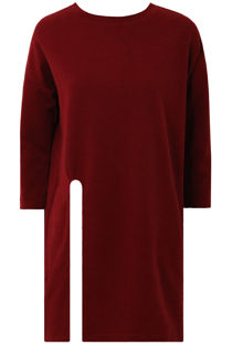 Burgundy Front Side Split Long Sleeve Knitted Tops