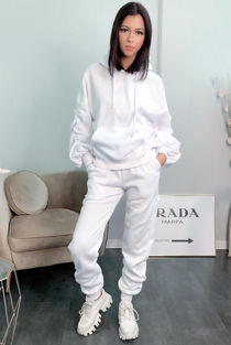 White Ruched Sleeve Hoodie & Ruched Joggers Set