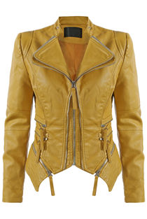 Mustard Double Collar Removable Hem PU Jacket