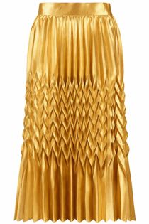 Gold Satin Chevron Pleated Maxi Skirt