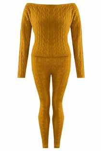 Mustard Cable Knit Off The Shoulder Jumper & Legging Co-Ord