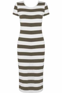 Khaki Stripe Short Sleeves Midi Dress