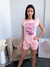 Pink Embellished Tie Up Tee & Shorts Co-Ord