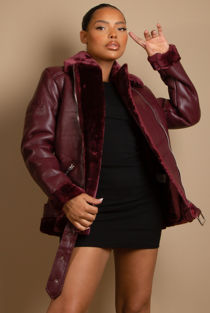 Wine Faux Fur Collar Aviator Black Jacket