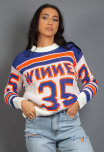 Round Neck Graphic Jumper In Blue