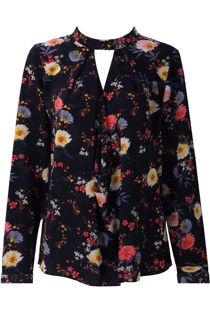 Navy Cut Out Neck Floral Blouse