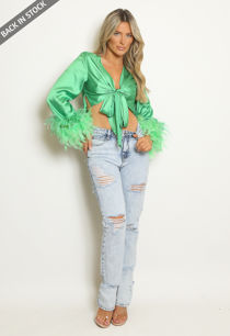 Green Satin Tie Front Feather Cuff Crop Top