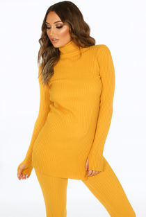 Yellow Ribbed Polo Neck Loungewear Set