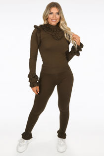 Khaki Ruffles Trim Ribbed Loungewear