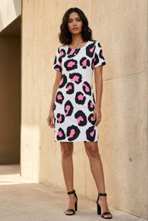 Rose Contrast Animal Print Crepe Shift Dress