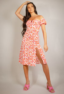 Pink Printed Milkmaid Midi Dress