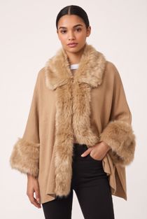 Beige Fur Trim Knitted Cape Pullover