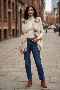 Beige Zig Zag Shaggy Fur Gilet