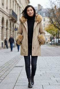 Hooded Parka With Chunky Faux Fur Cuff In Beige