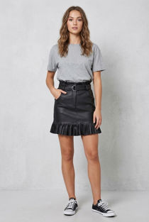 Black Pleated Hem Belted PU Mini Skirt