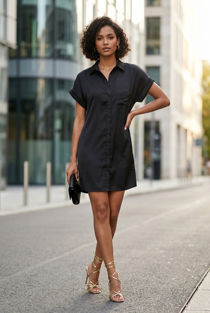 Black Front Button Up Pleated Shirt Dress