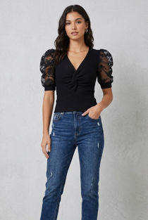 Black Floral Mesh Sleeve Ribbed Jumper