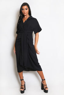 Black Tie Front Ruched Shirt Dress