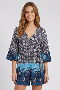 Blue Printed Cross Over Wing Sleeve Playsuit