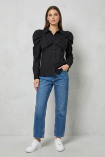 Black Pleated Bow Front Button Up Shirt