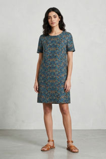  Green Brocade Floral Short Sleeves Shift Dress