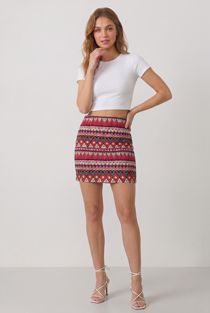 Burgundy Wavy Print Back Zip Up Knitted Skirts