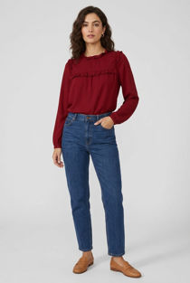 Ruffle High Neck Blouse in Burgundy
