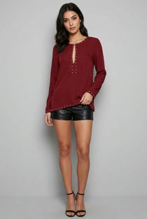 Wine Studded Detail Long Sleeve Tops