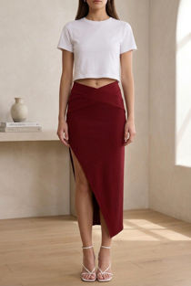 Burgundy Cross Textured Side Slit Zip Up Midi Skirts