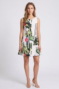 Green & Cream Cactus Print Organza Flare Dress 