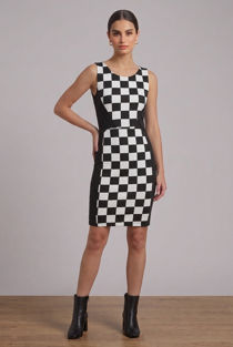 Black & White Checkered Front  Panel Sleeveless Dress