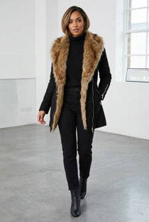 Black Suede Fur Trimmed Coat