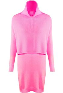 Fuchsia Roll Neck Overlay Knitted Jumper Dress