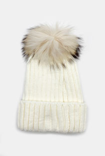 Cream Knitted Fur Pom Beanie Hat 