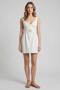 Cream Cut Out Front Textured Skater Dress