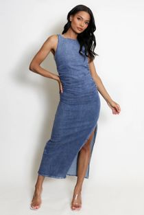Denim Leg Slit Midi Dress