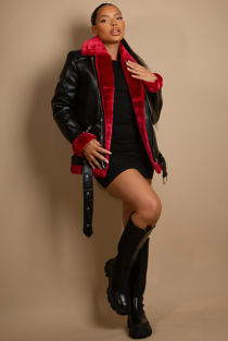 Burgundy Faux Fur Collar Aviator Black Jacket