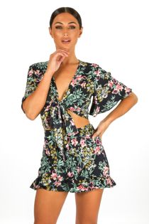 Floral Tie Front Crop Top In Navy