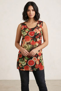 Black Fruit Print Chiffon Pocketed Blouse