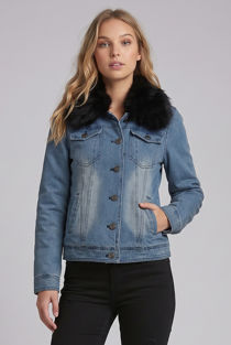 Blue with Black Fur Denim Fur Lined Jacket
