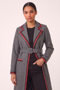 Wool Contrast Trim Belted Grey Overcoat